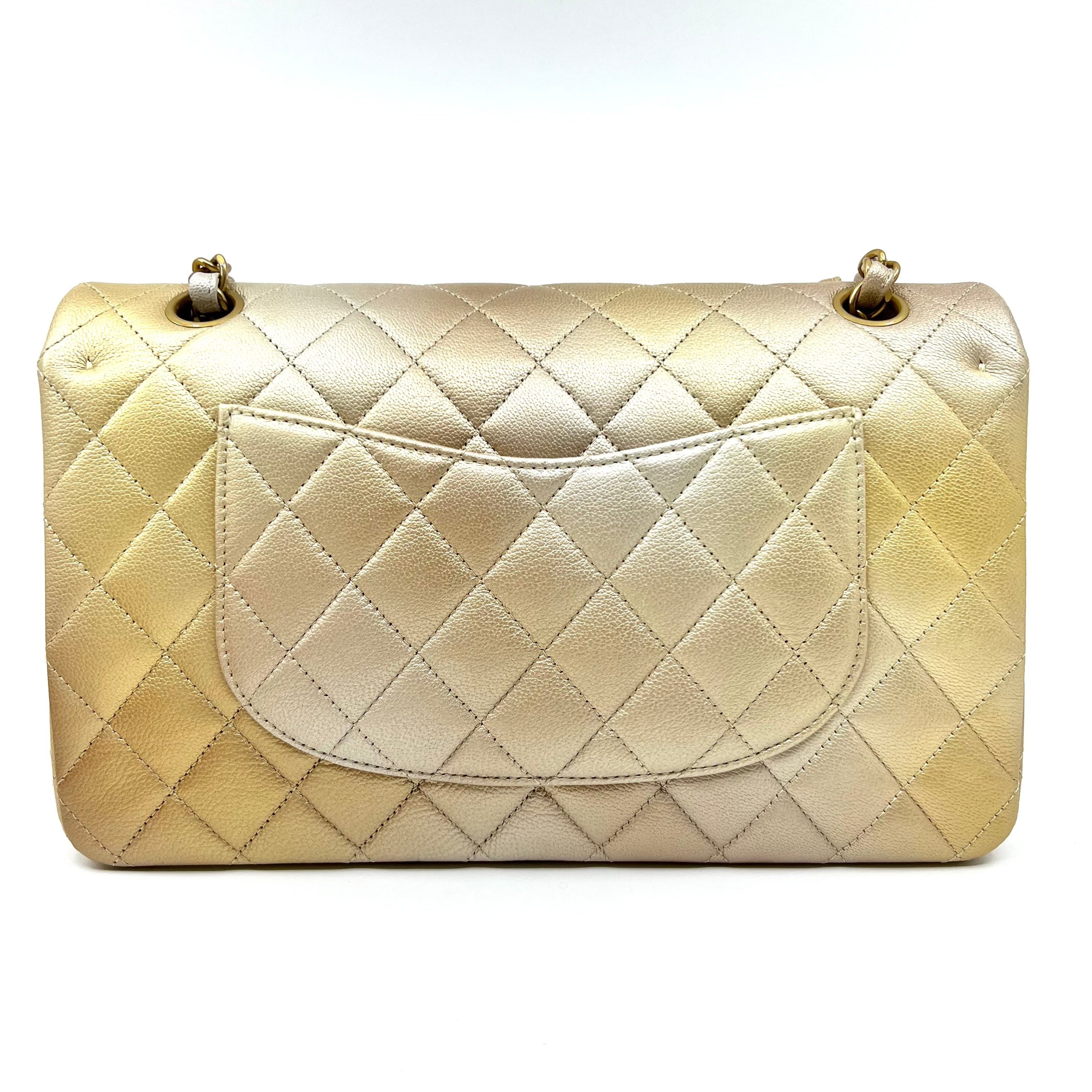 2022 Year CHANEL Classic Iridescent Lambskin Quilted Medium Double Flap Beige/Golden Handbag