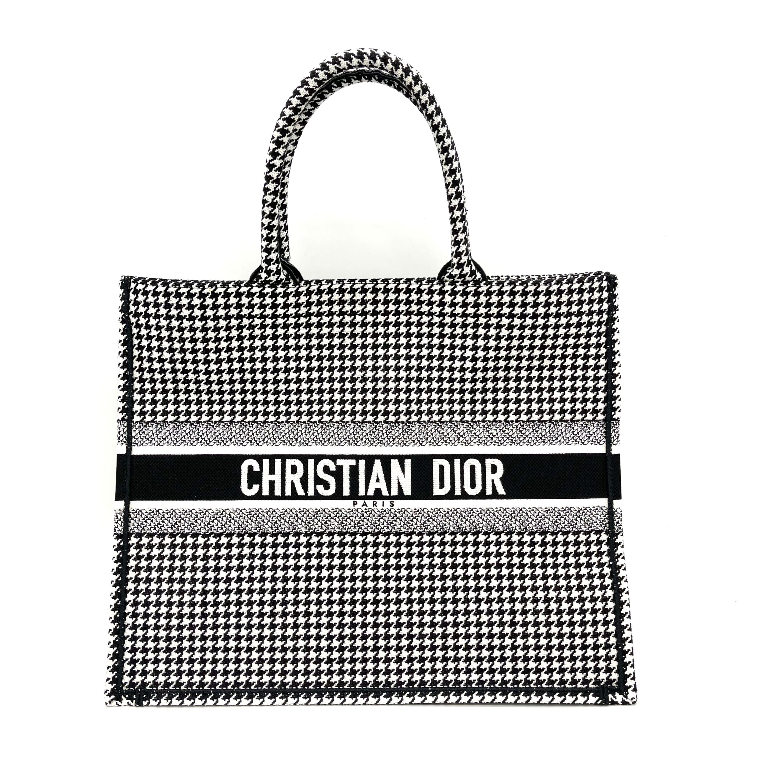 Brand New LARGE DIOR BOOK TOTE Black Macro Houndstooth Embroidery